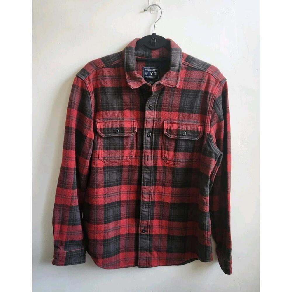 American Eagle Shirt Shacket Large Classic Fit Flannel Plaid Long Sleeve Heavy